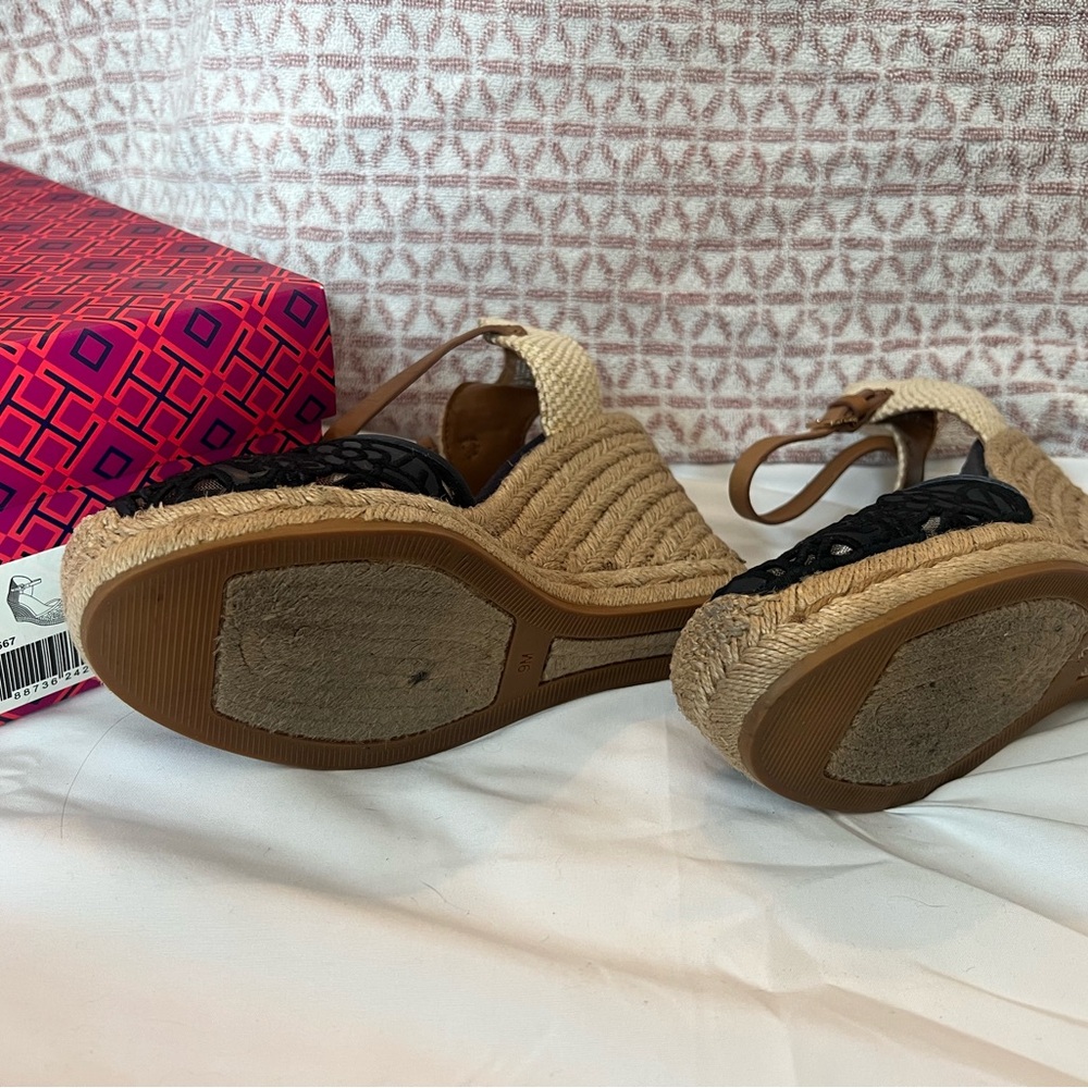 Tory Burch Navy and Tan Wedge Sandals “Lucia” - Picture 2 of 4